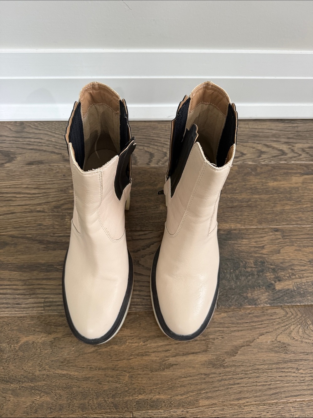 Women's Cream Leather Chelsea Heeled Boots with Black Elastic Panels - Picture 5 of 7